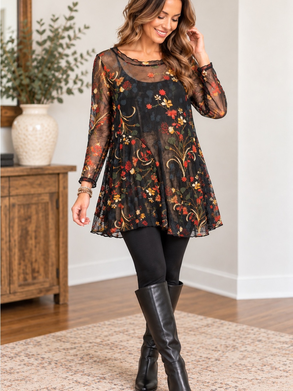 Comfy Sheer Black Floral Long-Sleeve Tunic Top